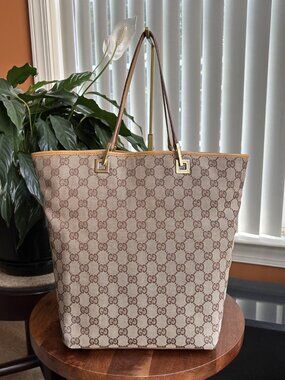 GUCCI GG Monogram Bucket Bag Tote, Taupe, Camel
